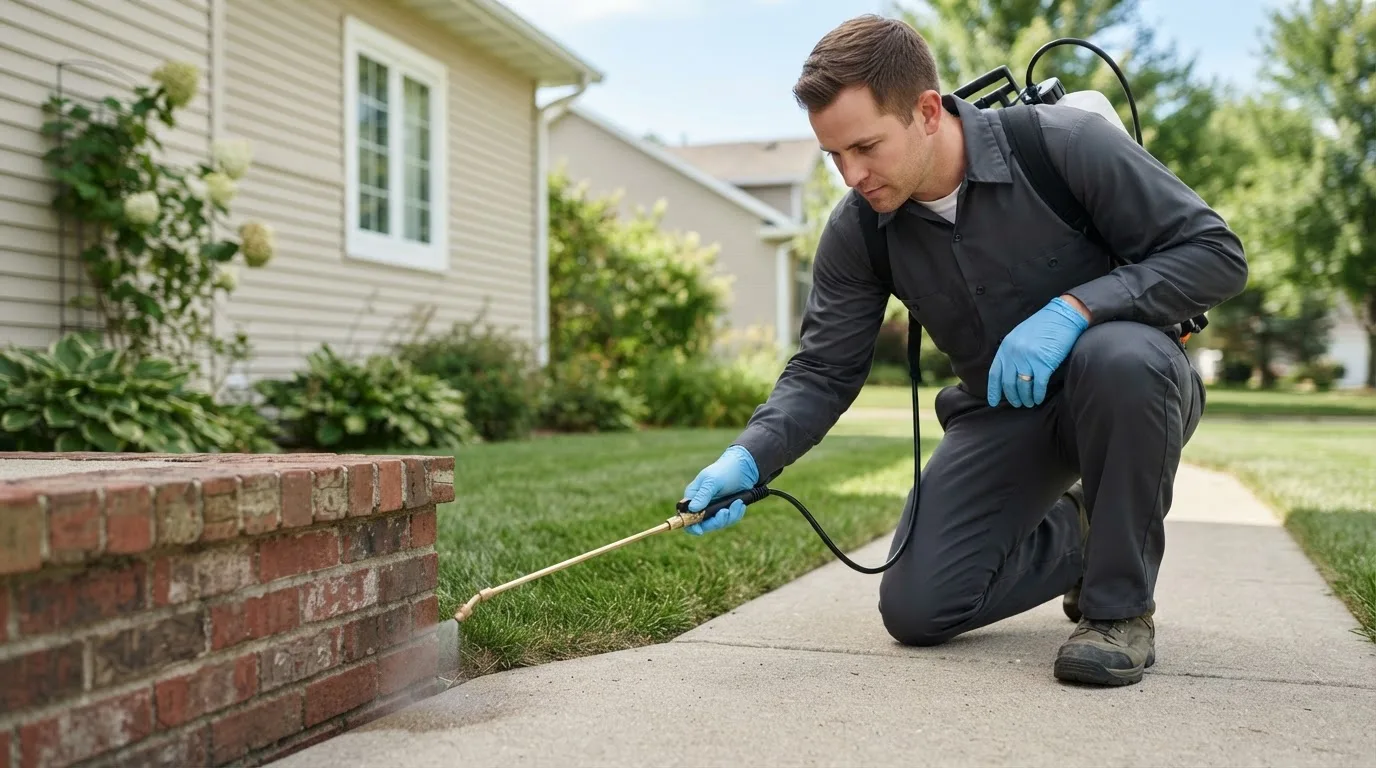 Pest control technician treating a home near Clemons, IA