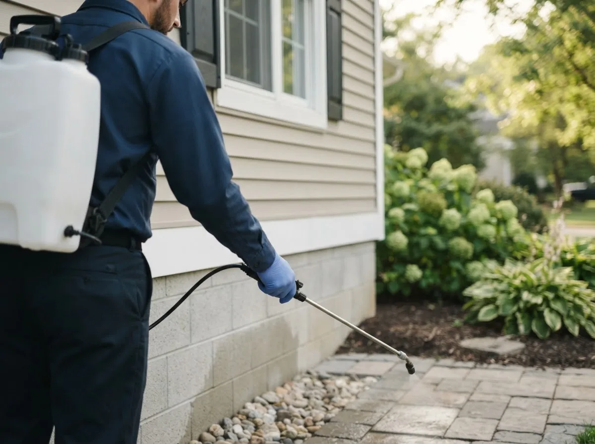 Pest control technician inspecting a home in Clemons, IA
